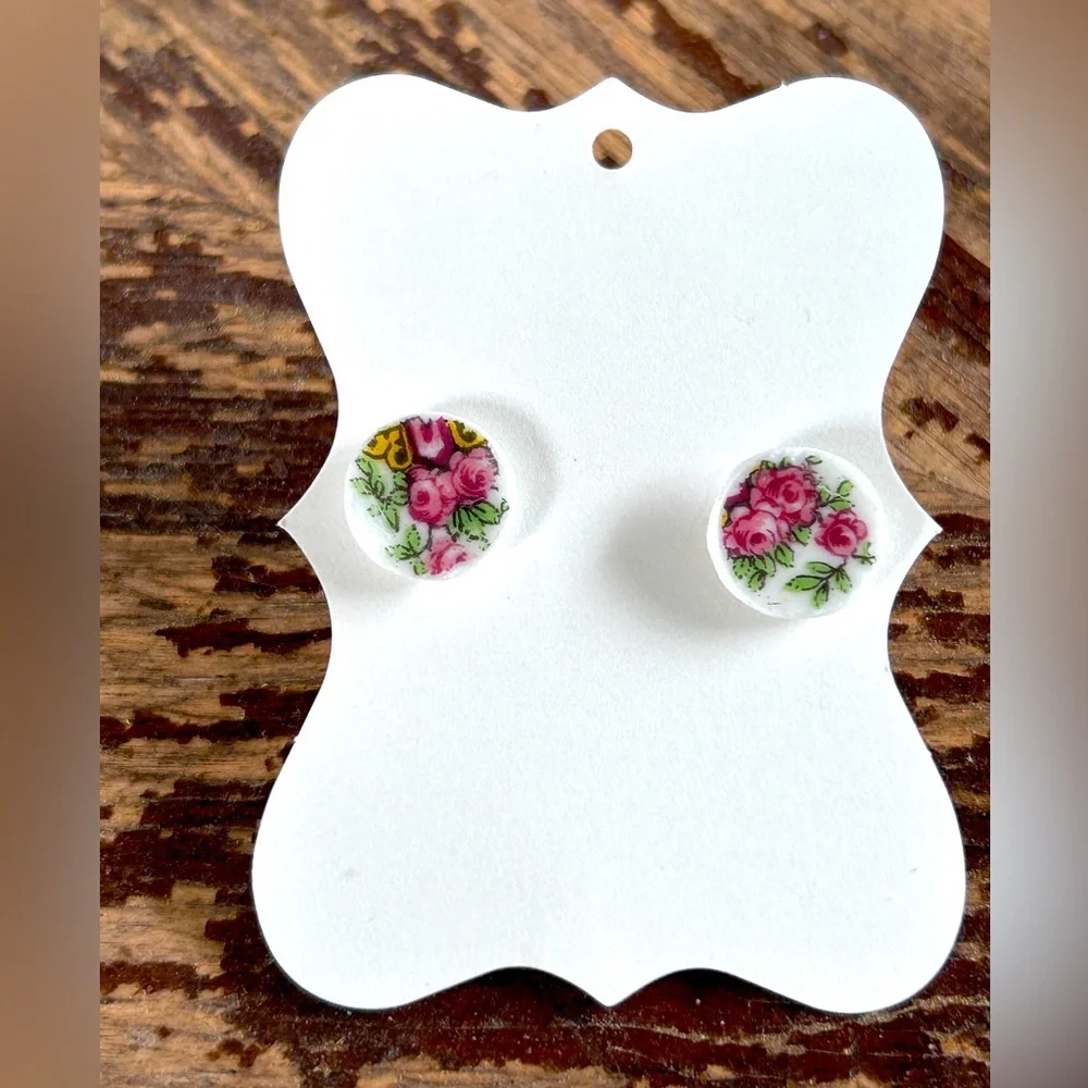 Handmade Broken China Earrings Pink Green Flowers Small Fancy Circle-Vine Style